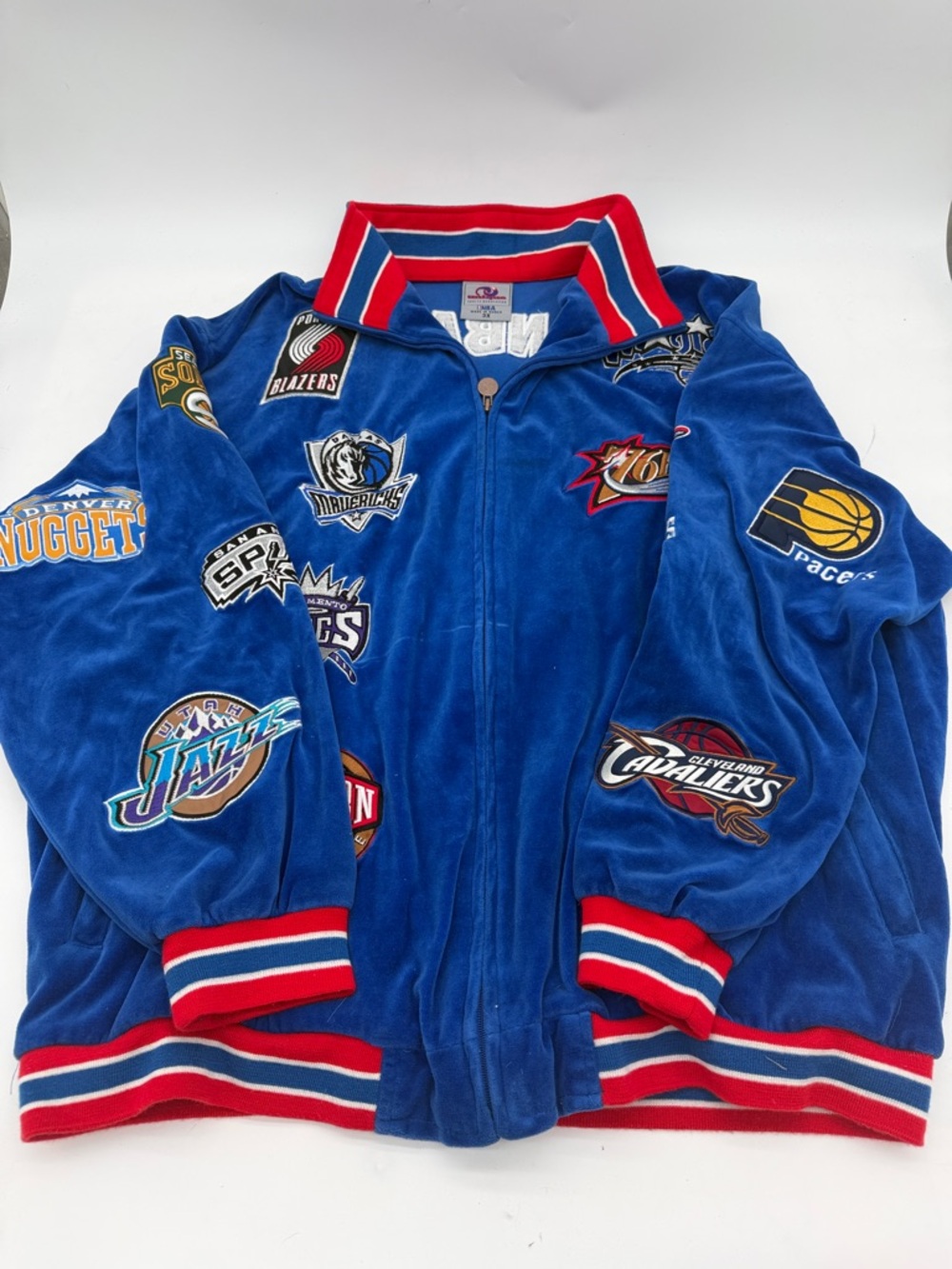 Vintage NBA Team Royal Blue Generation Logo Velour Bomber Jacket Size 3XL